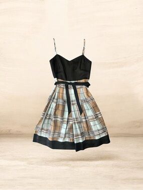 BCBG Maxazria Black and Plaid Fit & Flare Spaghetti Strap Mini Dress